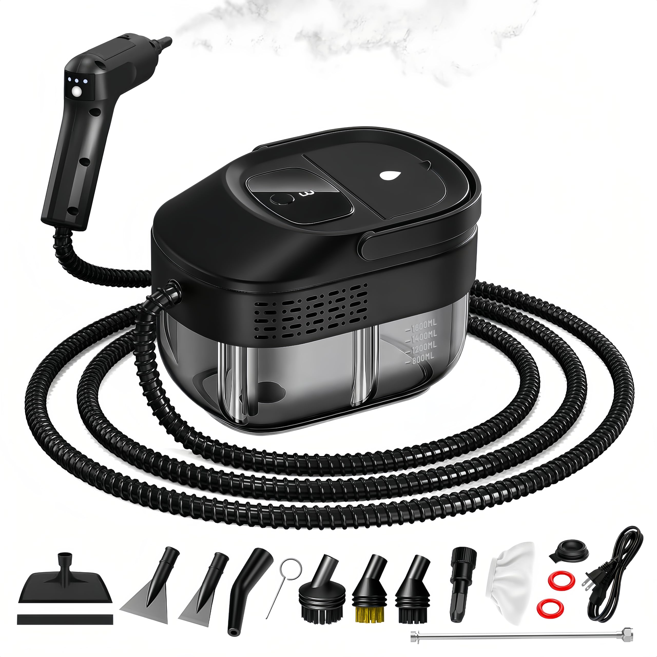 Pressurized Handheld Steam Cleaner 2500W 54oz Large-Capacity Steamer with 3-Level Adjustable Steam 15s Heat-Up 15Pcs Accessories for Car