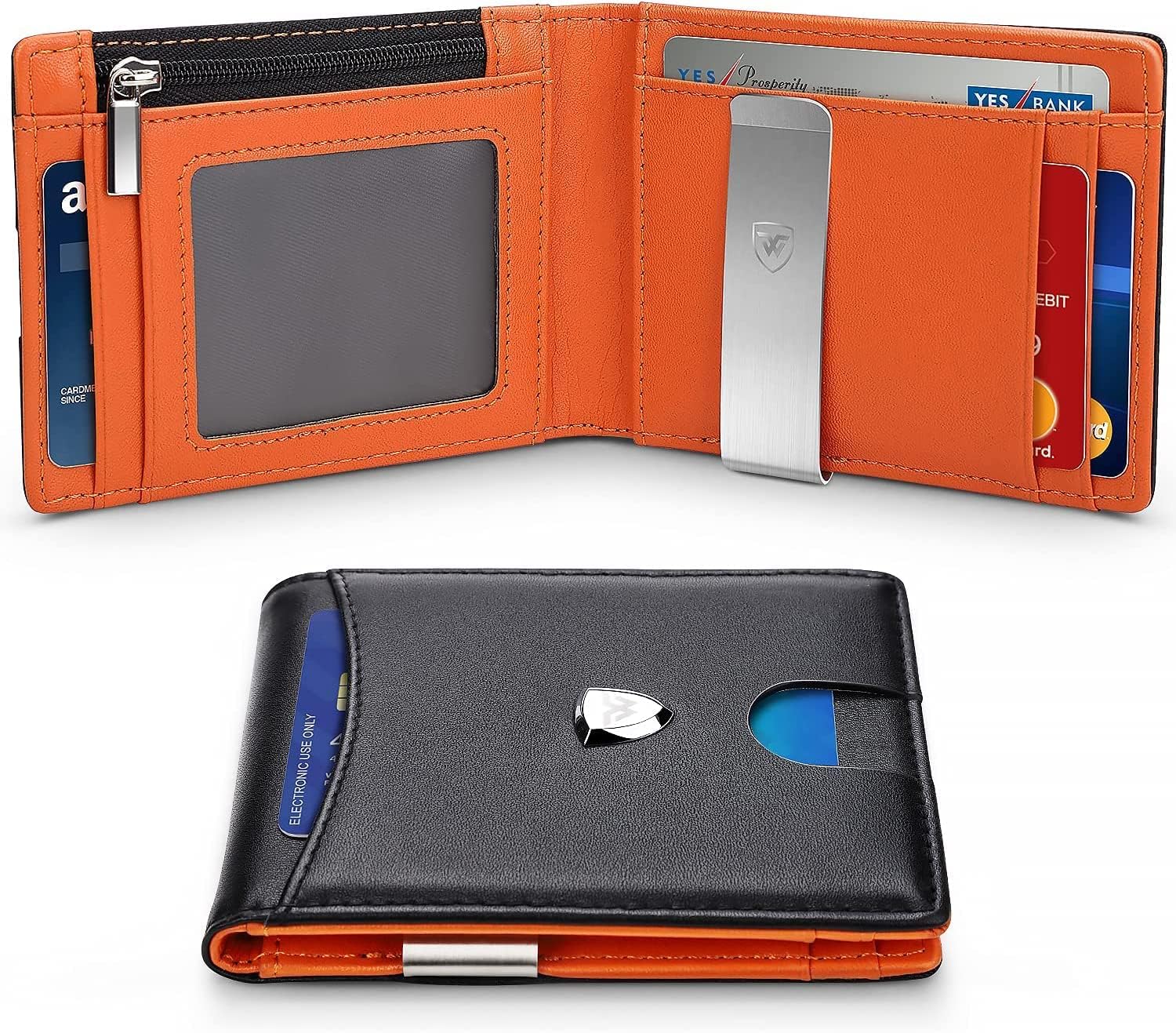 Wallets Mens RFID Blocking with Money Clip, Bi-fold Slim Genuine Leather Men Wallet with Coin Pocket, Credit Card Slots, ID Window. Minimalist Mini Wallet for Gents Men with Gift Box-Black & Orange