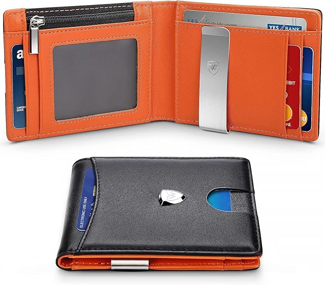Wallets Mens RFID Blocking with Money Clip, Bi-fold Slim Genuine Leather Men Wallet with Coin Pocket, Credit Card Slots, ID Window. Minimalist Mini Wallet for Gents Men with Gift Box-Black & Orange