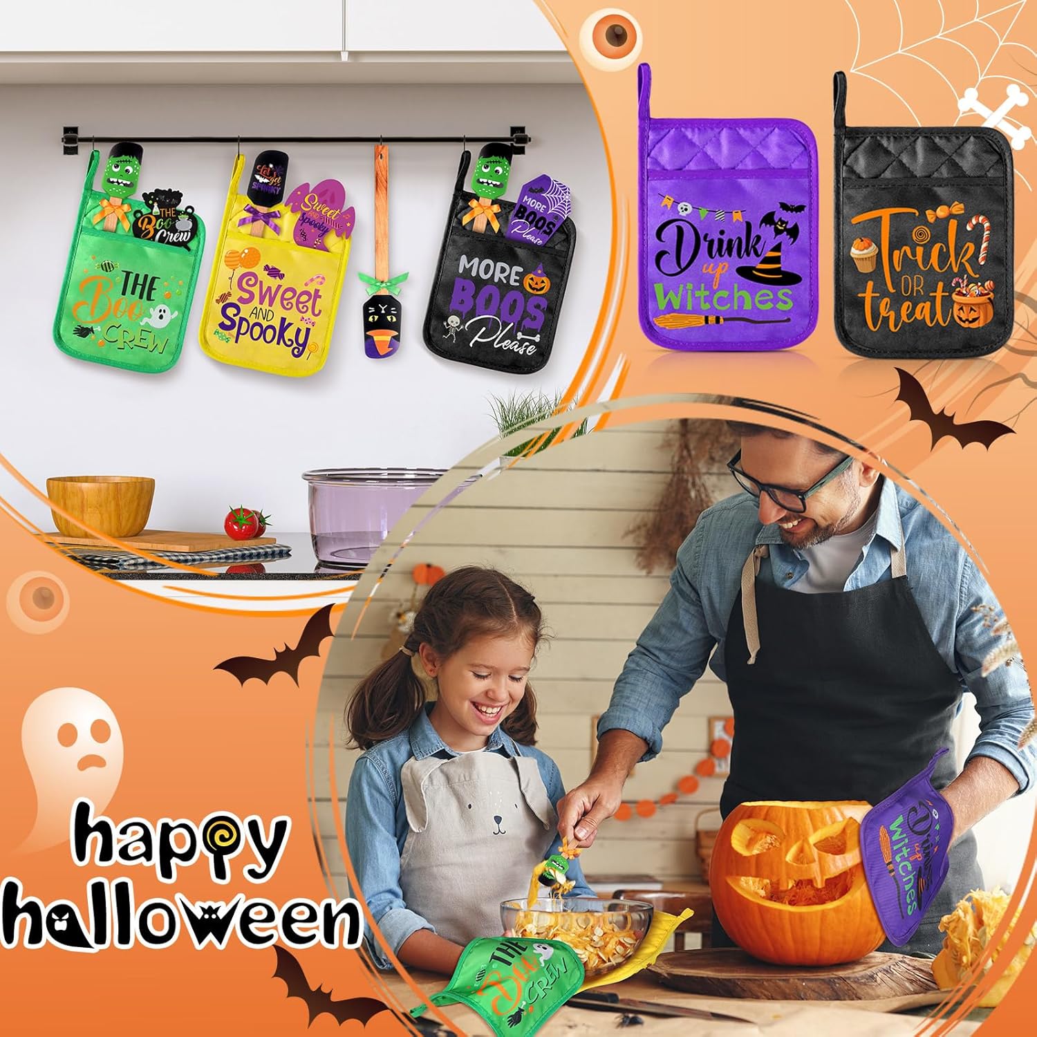 Liitrsh 18 Pcs Halloween Pot Holders Silicone Spatula Gift Set Include 6 Microwave Oven Mitt Potholders 6 Baking Spatulas and 6 Greeting Cards for Halloween Kitchen Cooking Dish Home Baking Decoration