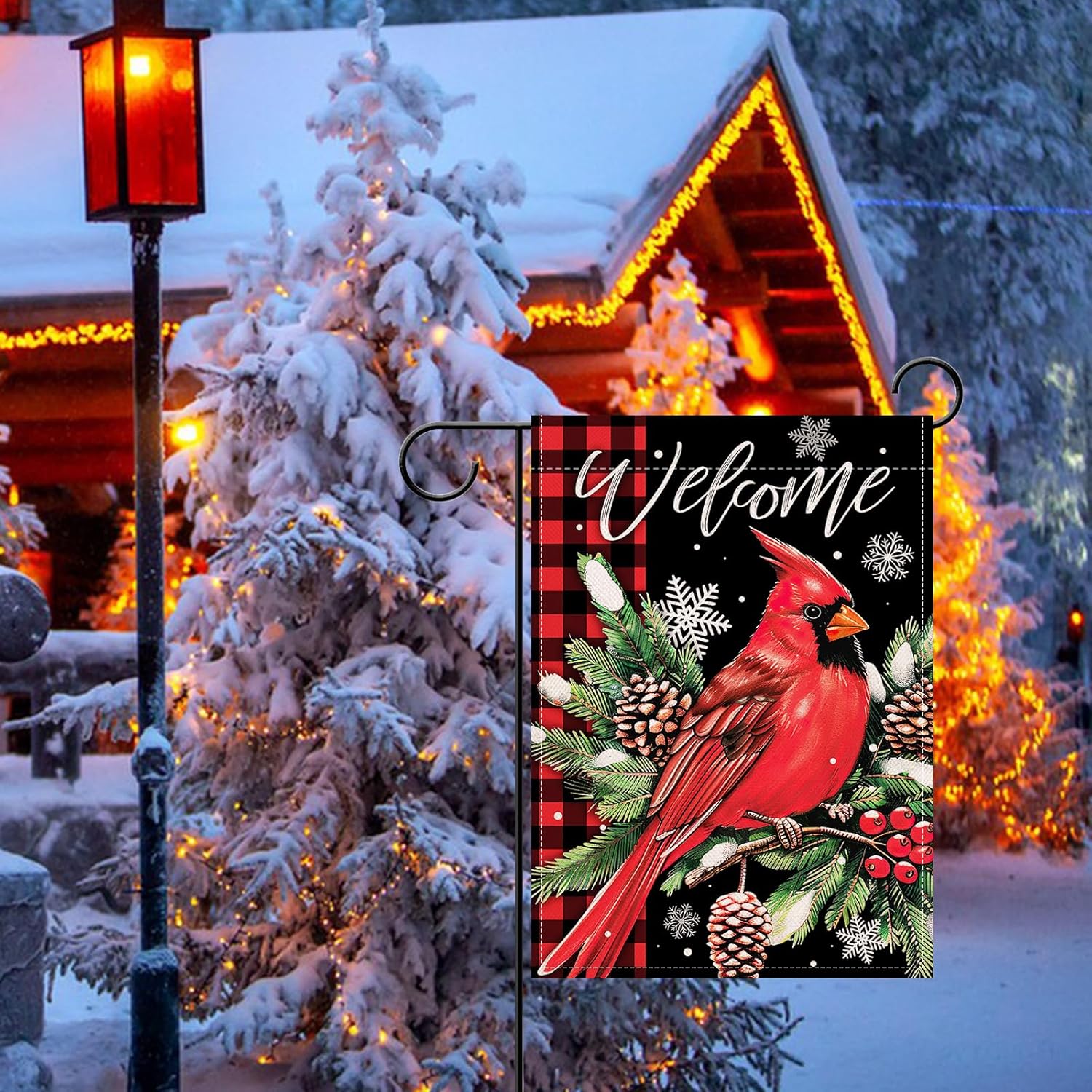 Artofy Welcome Christmas Cardinal Small Decorative Garden Flag, Xmas Red Bird Pine Cone Needle Yard Lawn Outside Decor, Winter Holiday Plaid Burlap Outdoor Home Decoration Double Sided 12 x 18 - Image 5