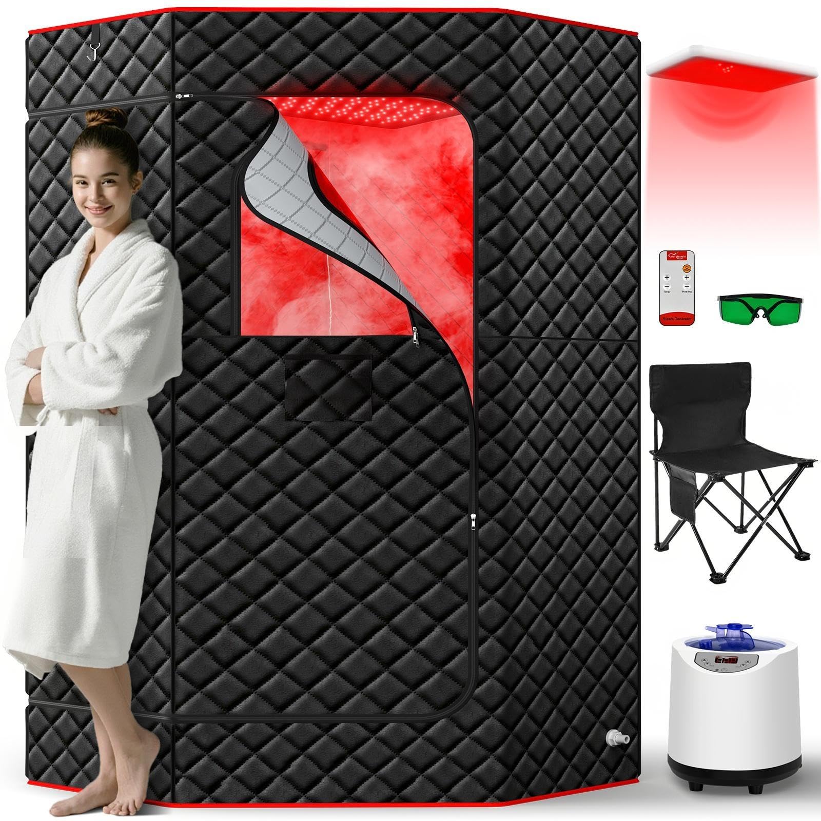 I-THERA-U Sauna de infrarrojos para el hogar - Sauna portátil de vapor de 660 y 850 nm sauna de vapor de cuerpo entero con 3L 1200 W generador de vapor baño de vapor, 15 niveles de calor, silla, mando