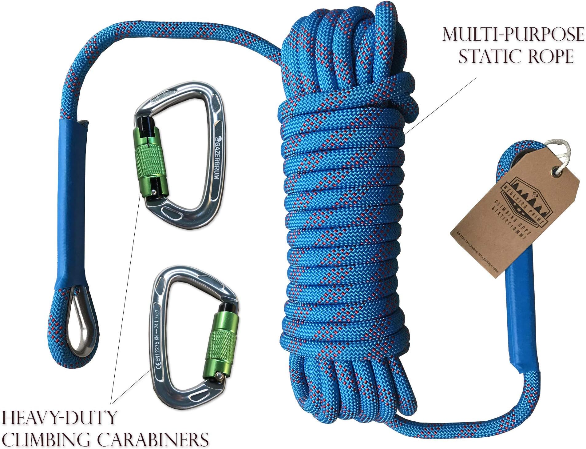 Gazerbrum Auto-locking Climbing 2pcs Carabiners for Rappelling, Dog Leash, Hammocks, D-Shape Silver with Blue Static Rope (20M) for Fixed-Roping Fire Escape Safety Survival Climbing, CE Certified