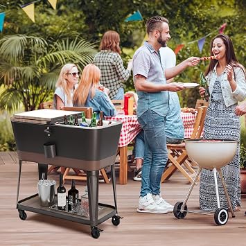 Patio Cooler with Bottler Opener, 80 Quart Rolling Ice Chest with Cap Catcher and Shelf, Portable Ice Chest with Wheels for Patio, Poolside, Outdoor