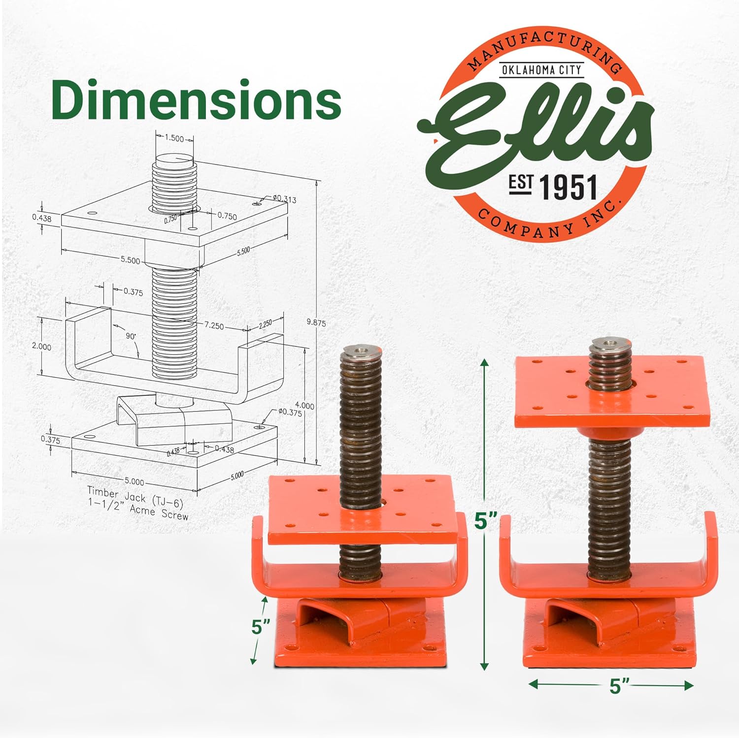 Ellis Manufacturing Timber Jack – Adjustable Post for House Leveling, Basement Support, Joist Lift, Crawl Space Shoring, Screw Support Beam, 5" Range, 30,000 lbs Capacity