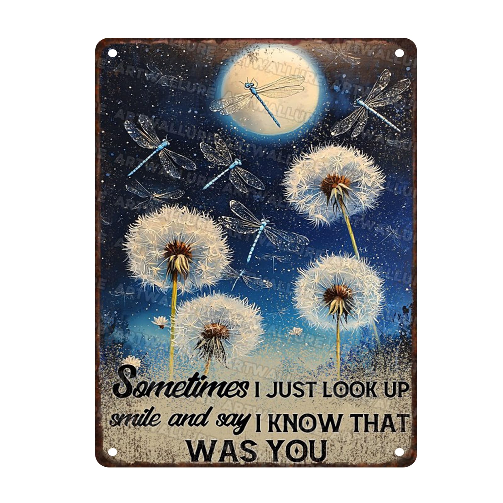 Dragonfly Vintage Tin Sign Just Look Up Smile Say I Know That Was You Dandelion Vintage Tin Sign Wall Art Decor for Home Living Room Bedroom Office 12x16inch