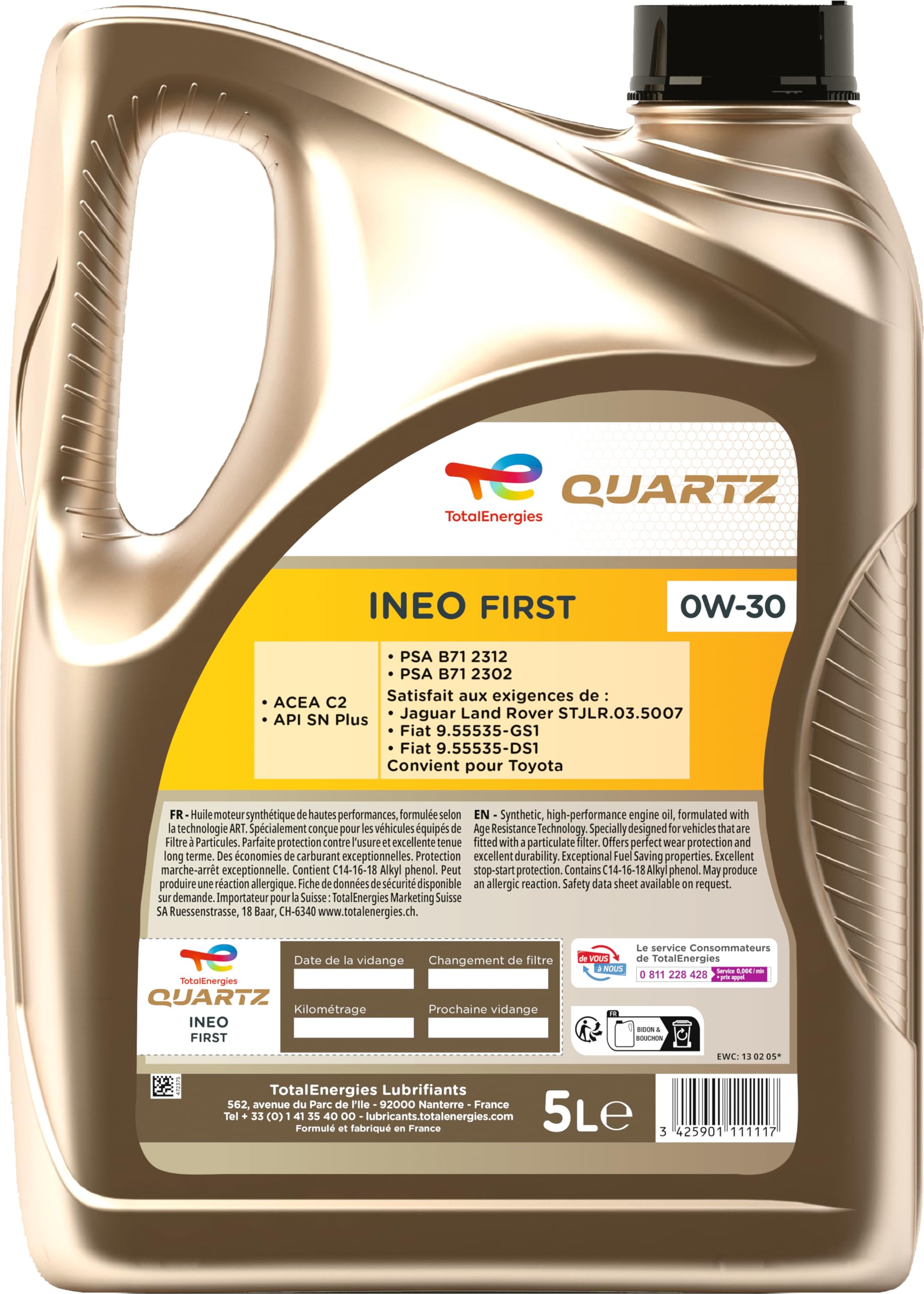 TotalEnergies Quartz Ineo First 0W-30, Huile moteur essence et Diesel, 5 litres