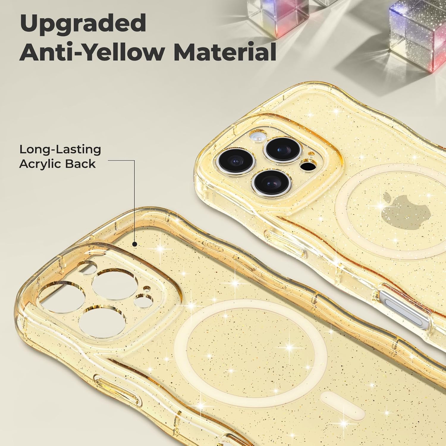 FABSPARK Case for iPhone 14 Pro,Compatible with MagSafe,Magnetic Clear Curly Wavy Frame Wave Case with Sparkly Bling Glitter,Transparent Acrylic Hard PC for iPhone 14 Pro,Glitter Clear Yellow - Image 2