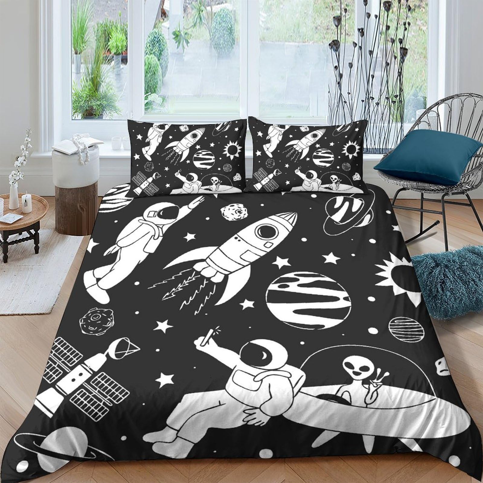 Ctjqhvkz Style-4 3D Printed Space Astronaut Fitted Sheet Microfiber Soft Breathable Rocket Planet Mattress Cover Bedroom Decor Single（135X200cm）