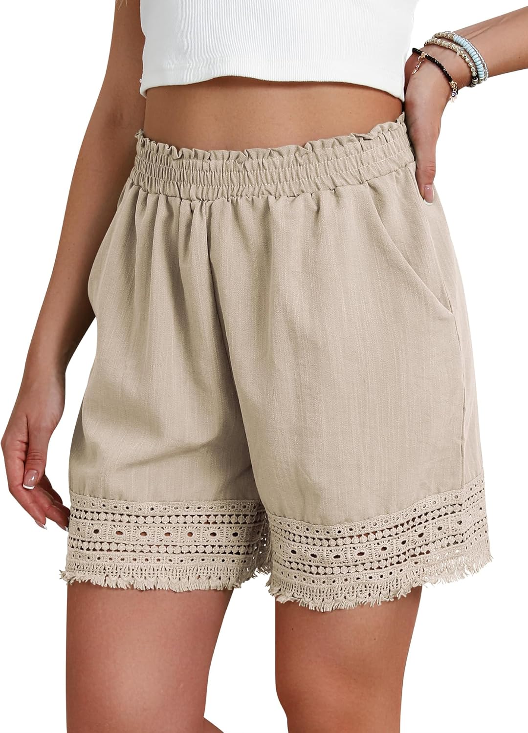 Women's Casual Elastic Waist Lounge Shorts Comfy Stretch Lace Trim Summer Beach Linen Ruffle Shorts - Image 8