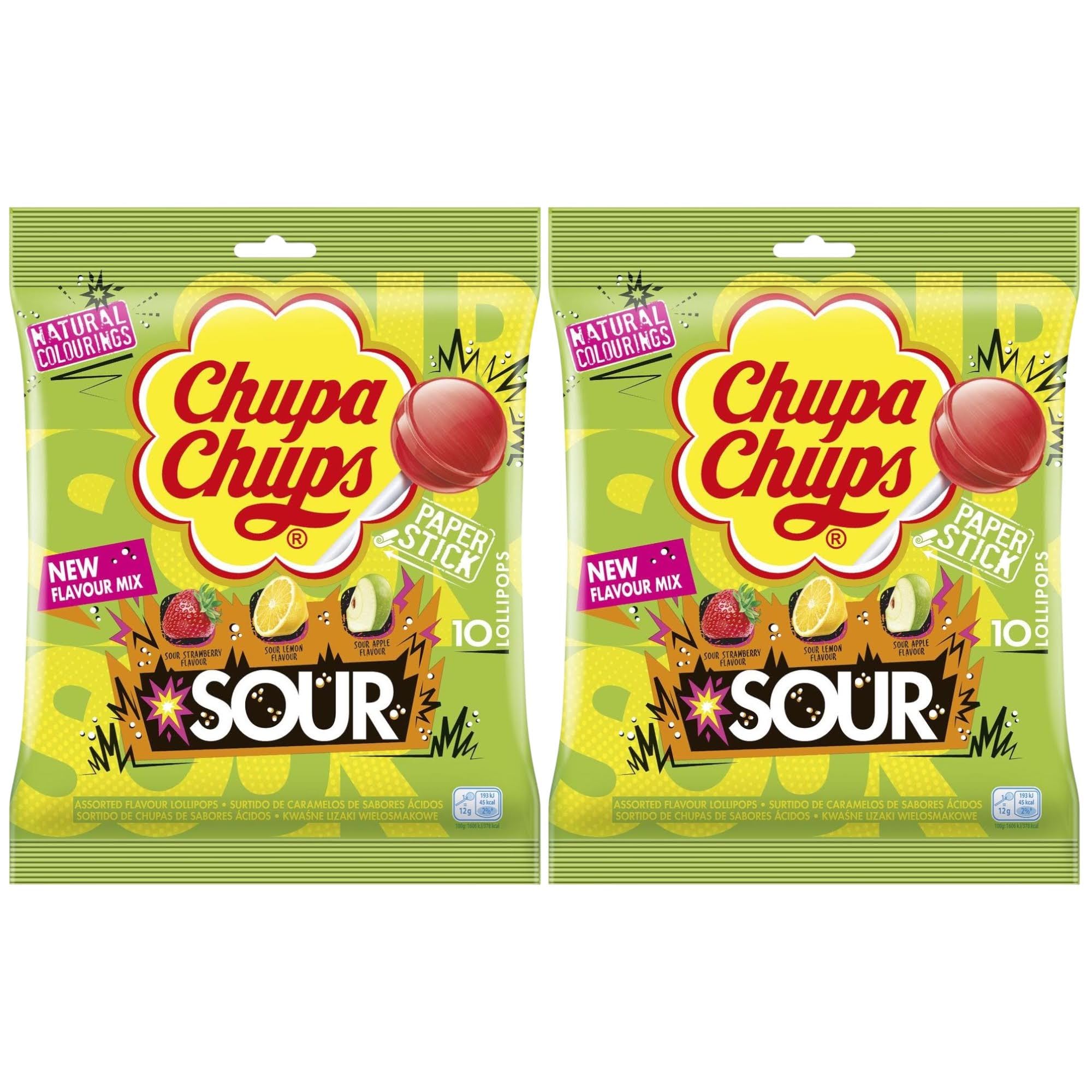Chupa Chups Sour Lollipops - Tangy Cherry, Apple & Lemon Flavours, 120g - 2x Bags of 10