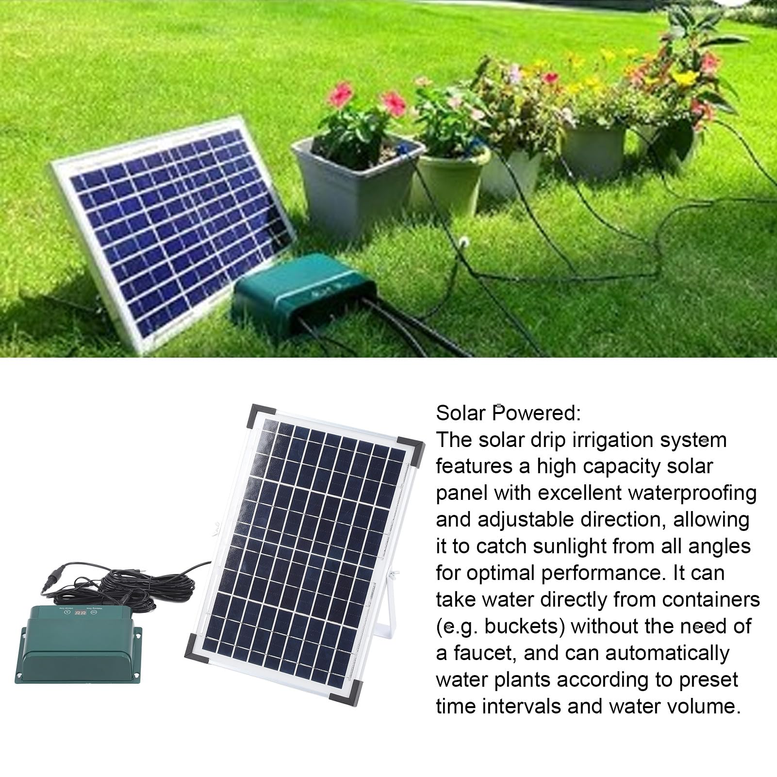 Kit di Irrigazione Solare Automatica a Goccia, di Irrigazione Efficiente per Giardini Interni Ed Esterni, Silicio Policristallino Durevole 18V 10W, Kit Completo