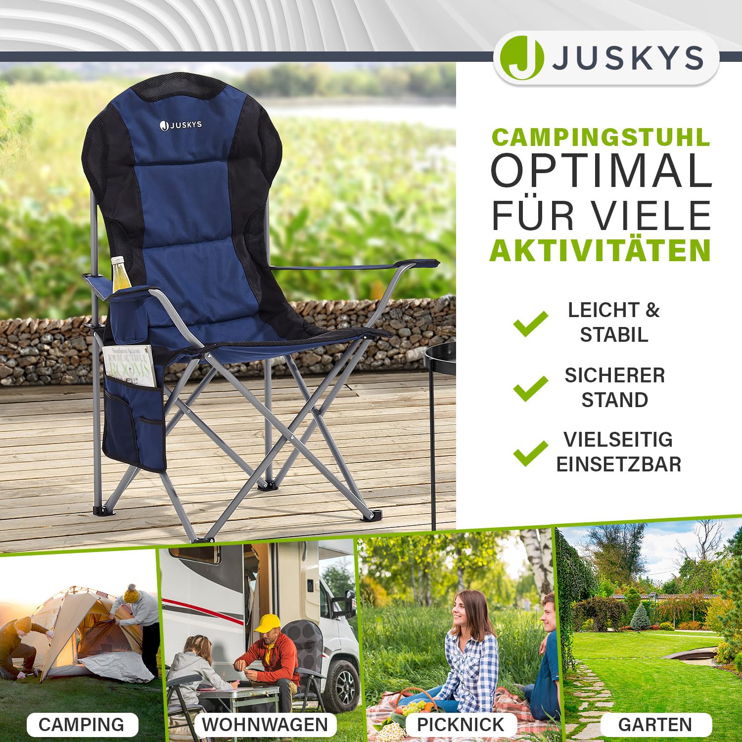 Juskys® Campingstuhl Lido faltbar inkl. Getränkehalter, Seitentasche & Tragetasche - Camping Klappstuhl gepolstert mit Armlehne & Rückenlehne - 4 Farben