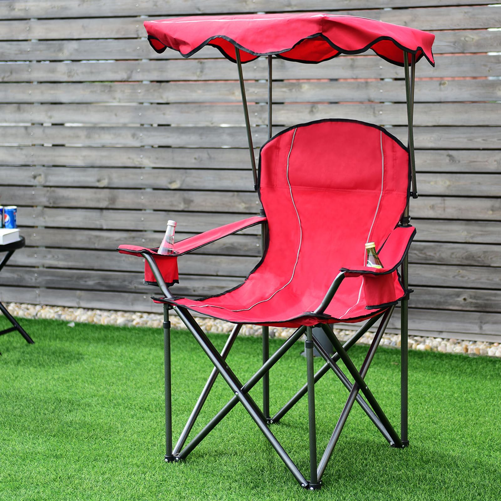 COSTWAY Silla de Camping con Techo y Portavasos Silla de Playa Plegable Carga hasta 120 kg para Patio al Aire Libre (Rojo)