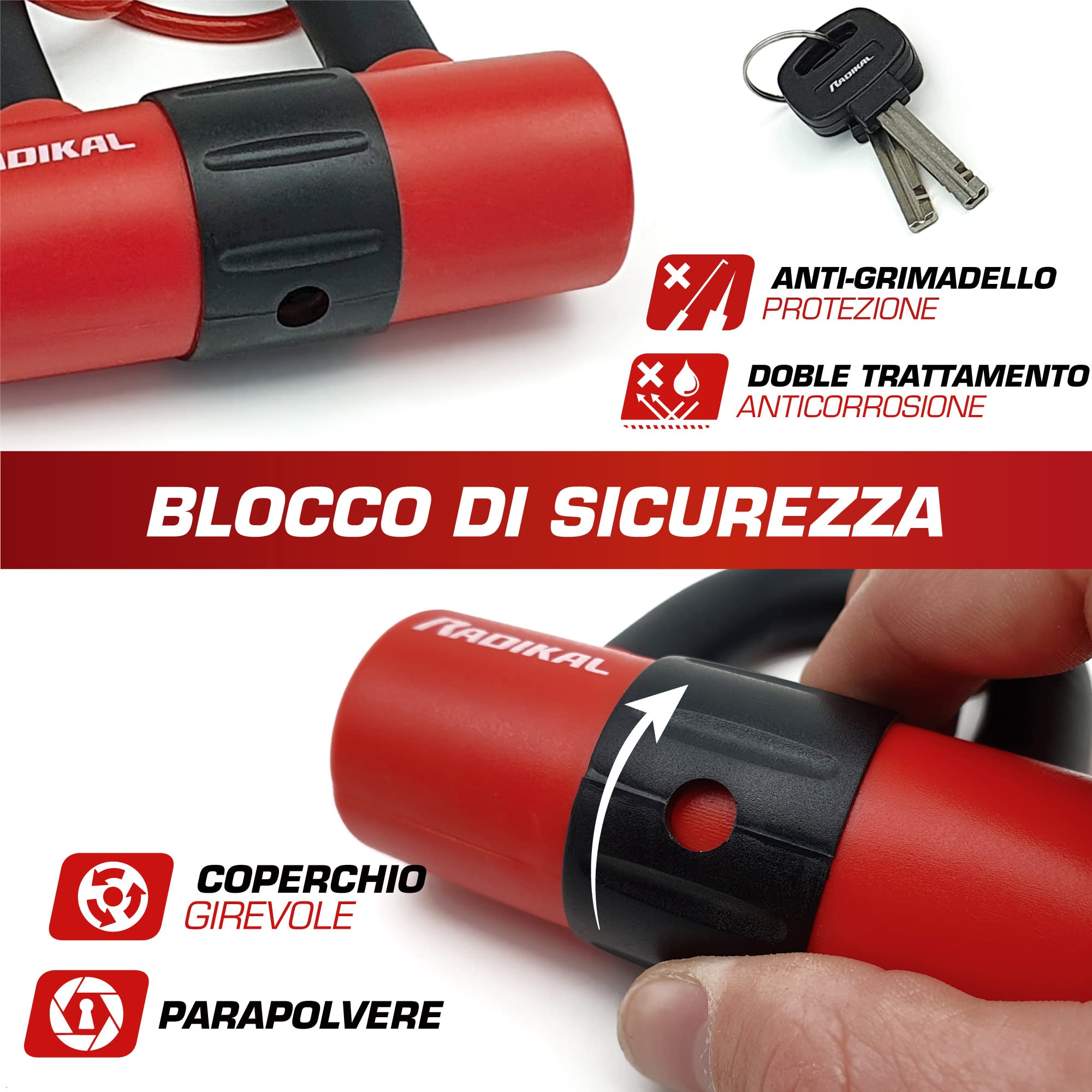 RADIKAL RK72 Lucchetto Antifurto Moto Mini U, Doppia Sicurezza e Doppia Funzione per Disco o Catena, Archetto 14mm e Serratura ad Alta Sicurezza, Cavo Promemoria, Bloccadisco per Moto, Scooter e Bici