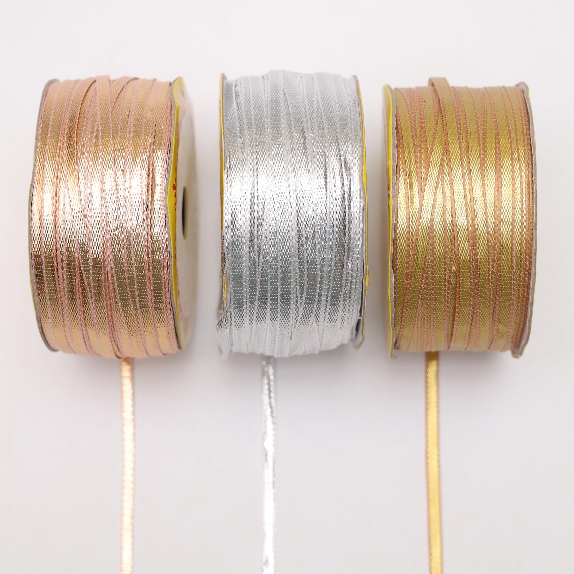 Embroiderymaterial Gota Trim Lace Rolls, 100 Meter, for Saree Dupatta Dresses & Blouses-Combo Rose Gold , Gold and Silver