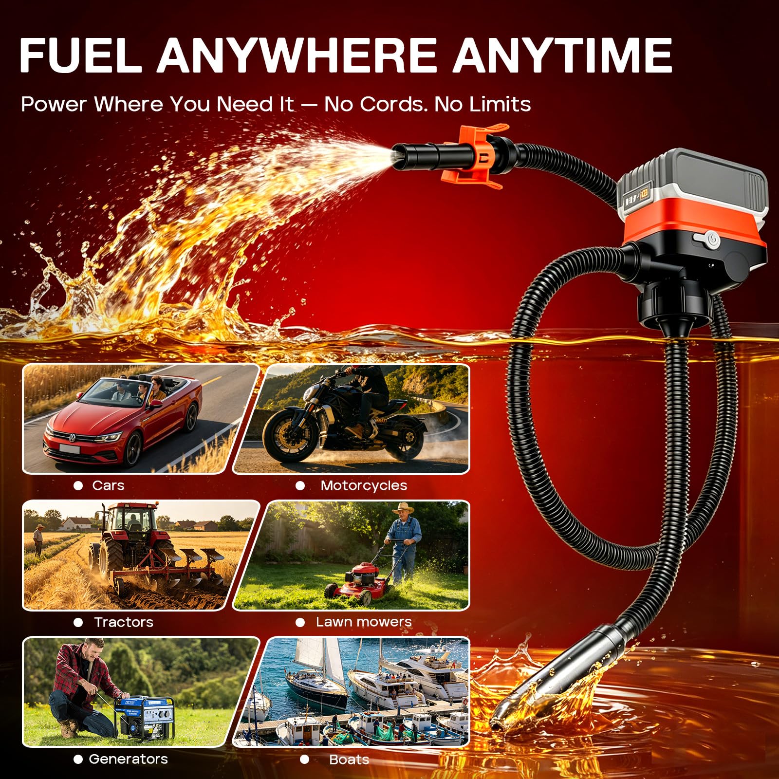 Pompa di trasferimento carburante con sensore auto-stop, pompa benzina elettrica ricaricabile, pompa gasolio portatile, 3 adattatori, pompa multiuso per benzina gasolio olio, Arancione