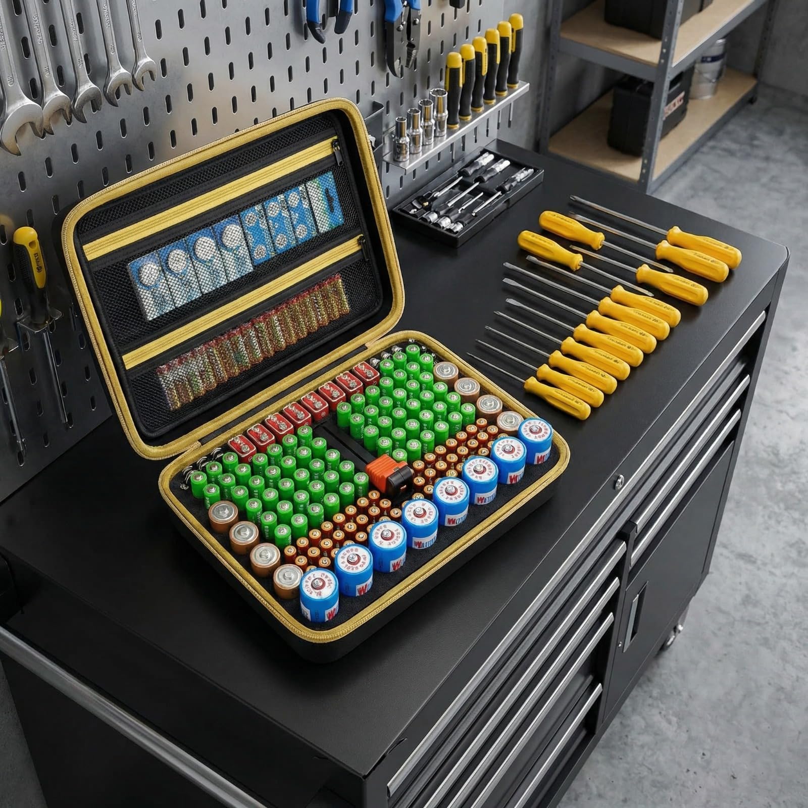 Boobowl Batterie Aufbewahrungsbox Tragetasche, Batteriebox Organizer Tasche mit Batterietester Hält bis zu 162 Batterien Varietätspackungen AA AAA AAAA C D 9 V 3 V Lithium (nur Box)