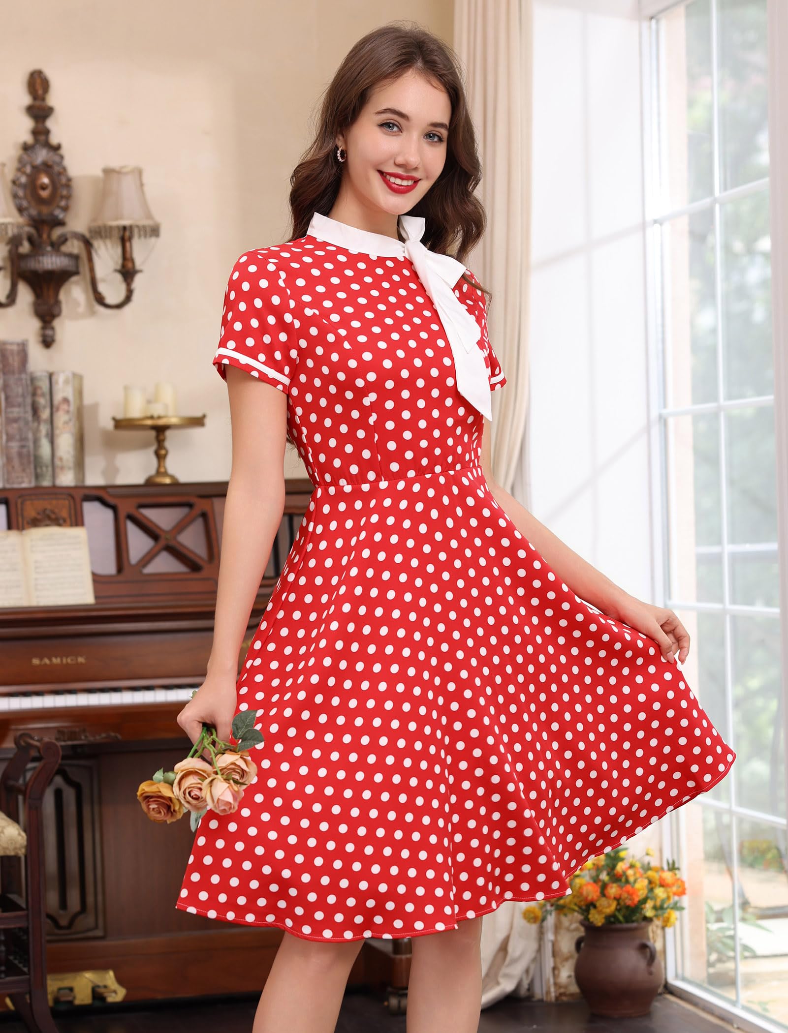 Abito da donna in stile anni '50, vintage, a pois, con fiocco, per lavoro, stile Audrey Hepburn, Rockabilly, cocktail party, Rosso, XX-Large