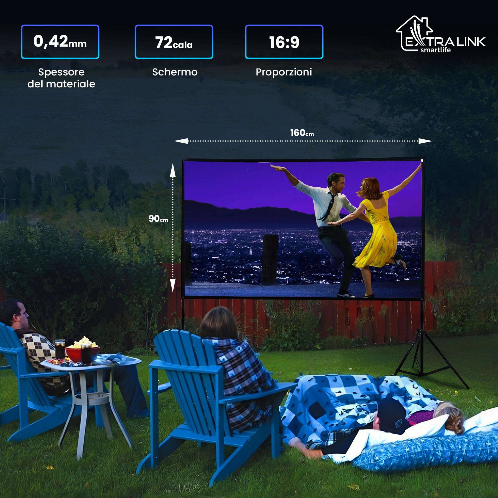 Extralink Telo per Proiettore 72 Pollici con Treppiede - Pieghevole 16:9 per HD/4K, Schermo Portatile Anti-Piega per Home Cinema, Telo per proiettore da Esterno & Presentazioni, 160x90CM