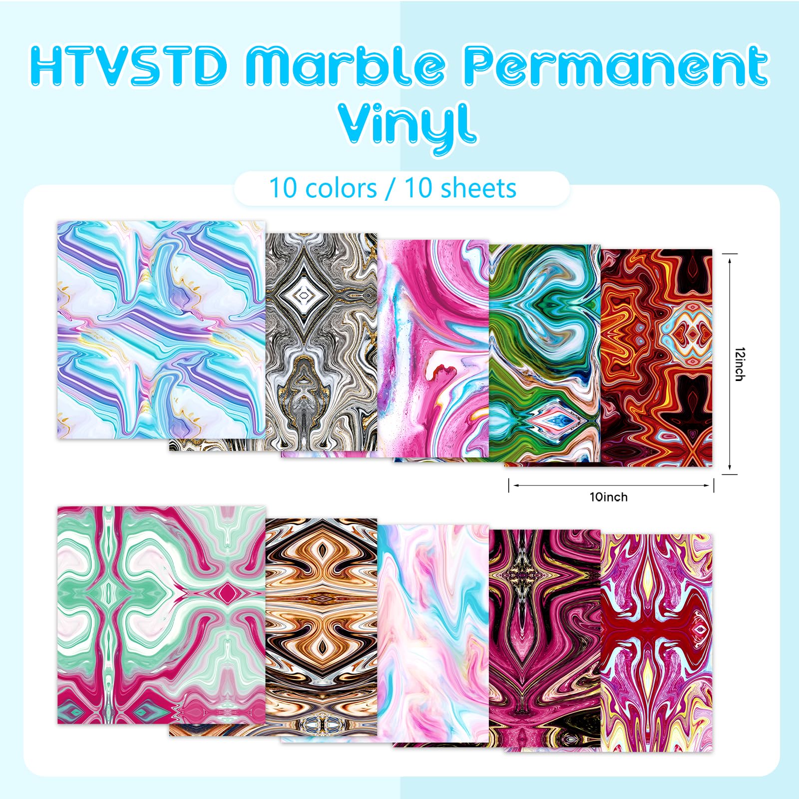 Vinilo adhesivo permanente de mármol, 10 hojas de 12 x 10 pulgadas, vinilo adhesivo permanente con patrón de acuarela para tazas, decoración, vinilo autoadhesivo líquido compatible con