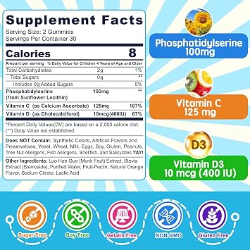 Phosphatidylserine Supplement 100mg, Kids Focus Gummies + Vitamin C & D3