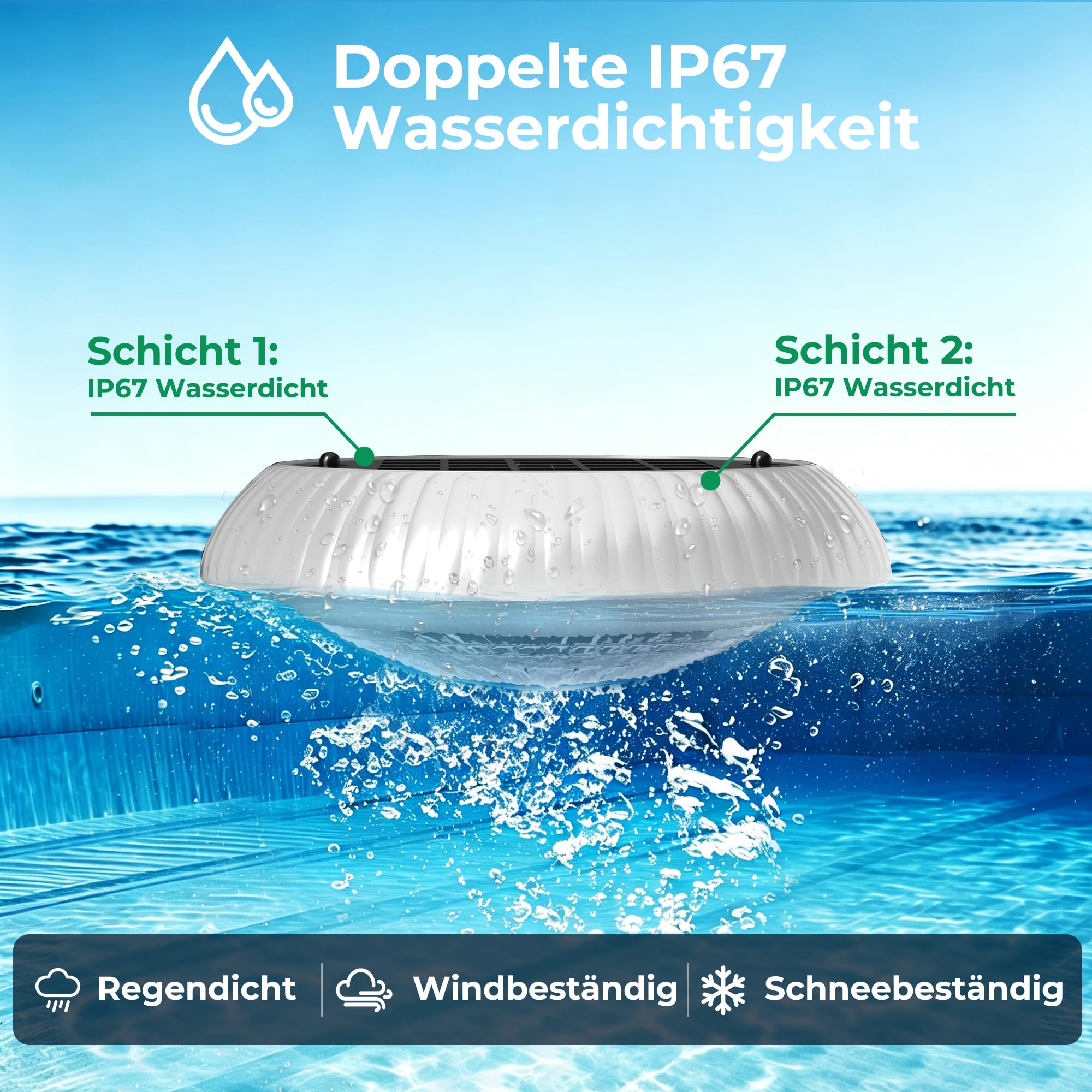 Schwimmende Poolbeleuchtung Solar mit Fernbedienung – 16,3 cm, 2-in-1 Doppellicht (57 Modi), Timer, IP67 wasserdicht – für Pool, Whirlpool, Gartenteich, Aufblaspool (1 Stück)