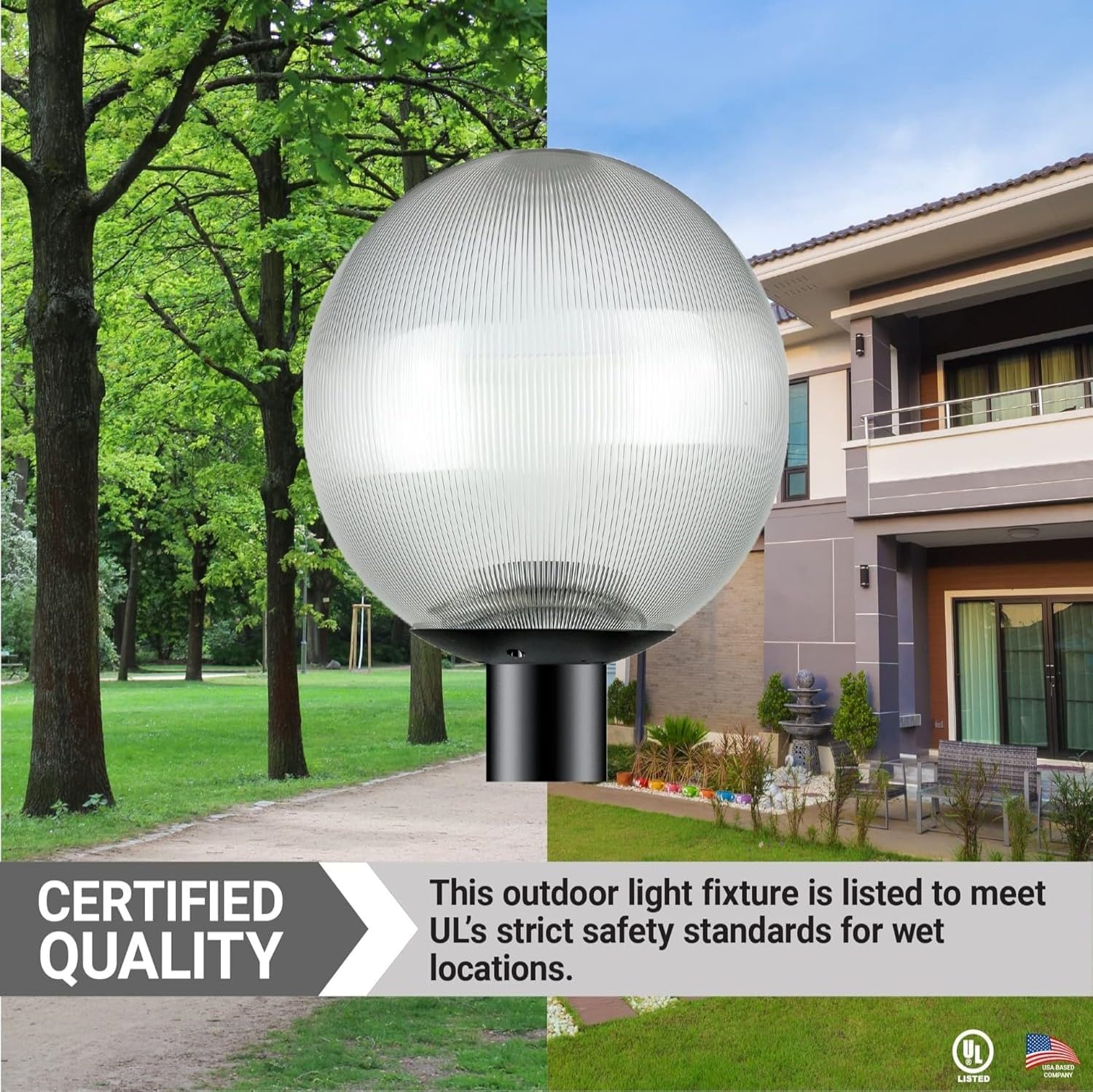 Diodesy- Outdoor Post Light Pole Mount Globe Lantern 12-inch 100W Max E26 Socket (Bulb Not Included) Waterproof Exterior Prismatic Clear Lens Fixture for Garden Yard Driveway Fence Patio UL Listed