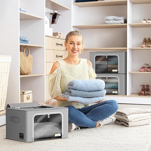 Miniatura 3 de Cajas de almacenamiento Sorbus con marco de metal - Bolsas organizadoras de ropa apilables y plegables - Contenedores de almacenamiento de tela