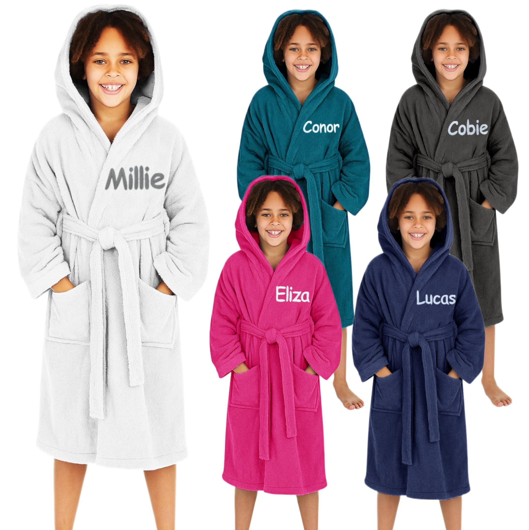 Personalised Boys & Girls 100% Cotton Hooded Towelling Bath Robe Childrens Dressing Gown Bathrobe Kids Gift 2-14 Years
