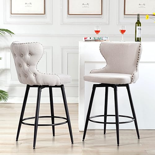Miniatura 8 de DKLGG Juego de 2 taburetes tapizados de altura de mostrador, taburetes de bar giratorios ajustables de 180 con respaldo copetudo y borde de clavo,