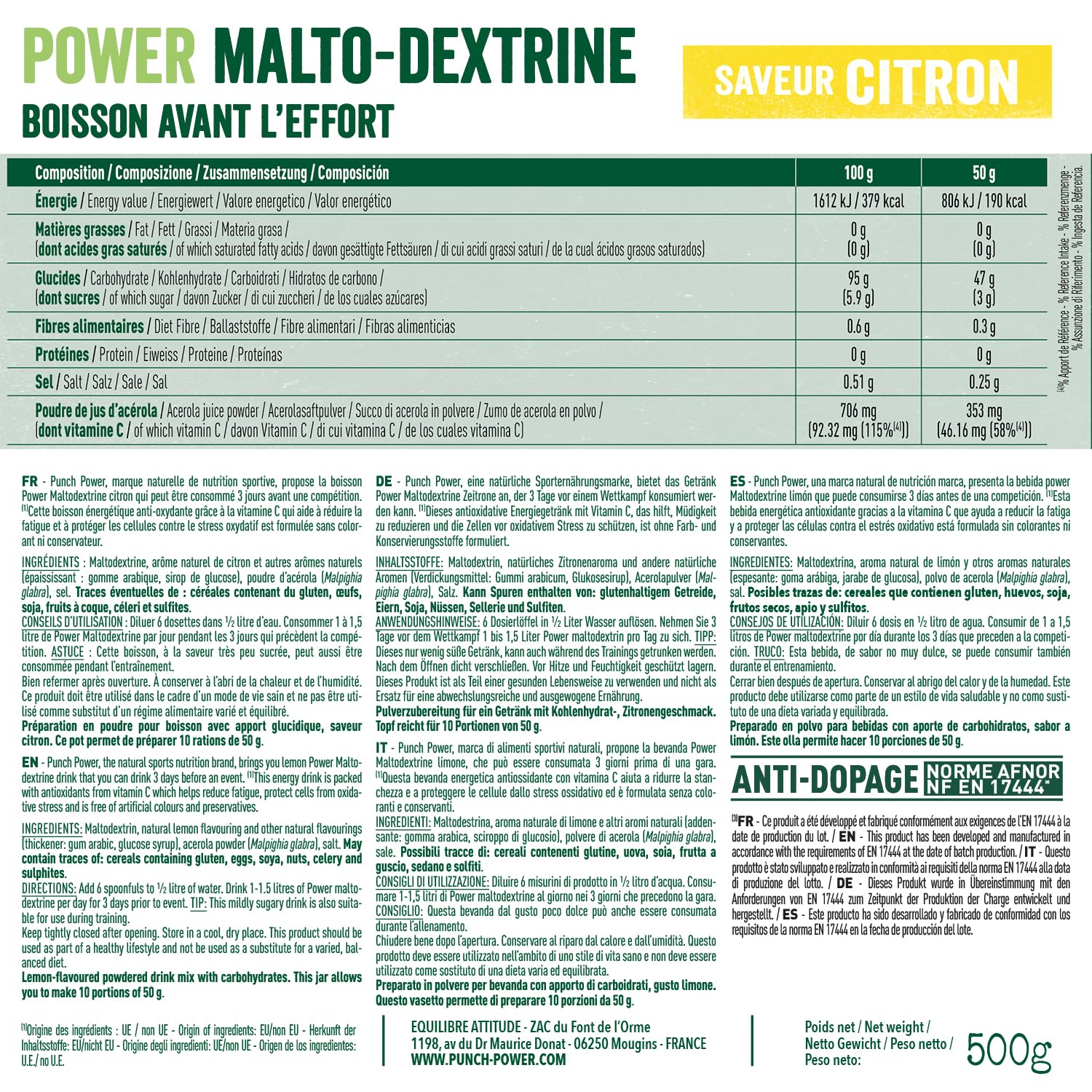 PUNCH POWER - BioMaltoDextrine - Citron - Pot 500 g - Biomaltodextrine - Boisson avant l'effort - Recharge Glucidique - Antioxydant - Bio - Sans Gluten - Marque Française