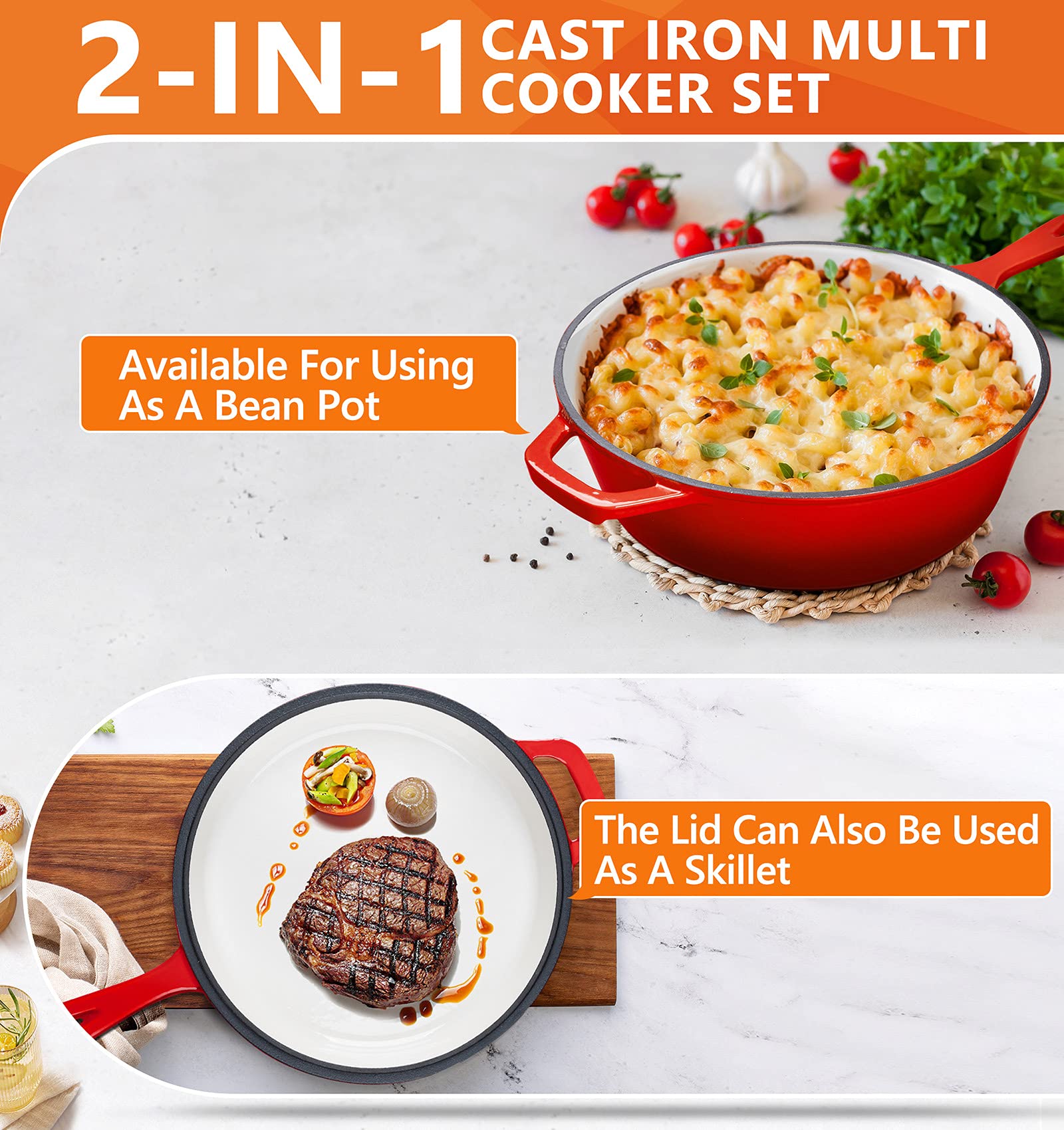 MICHELANGELO Cast Iron Skillets With Lid, Enameled Cast Iron Dutch Oven 3 Quart & Cast Iron Skillet 9.5 Inch, Deep Cast Iron Skillets with Lid, Enameled Cast Iron Skillet