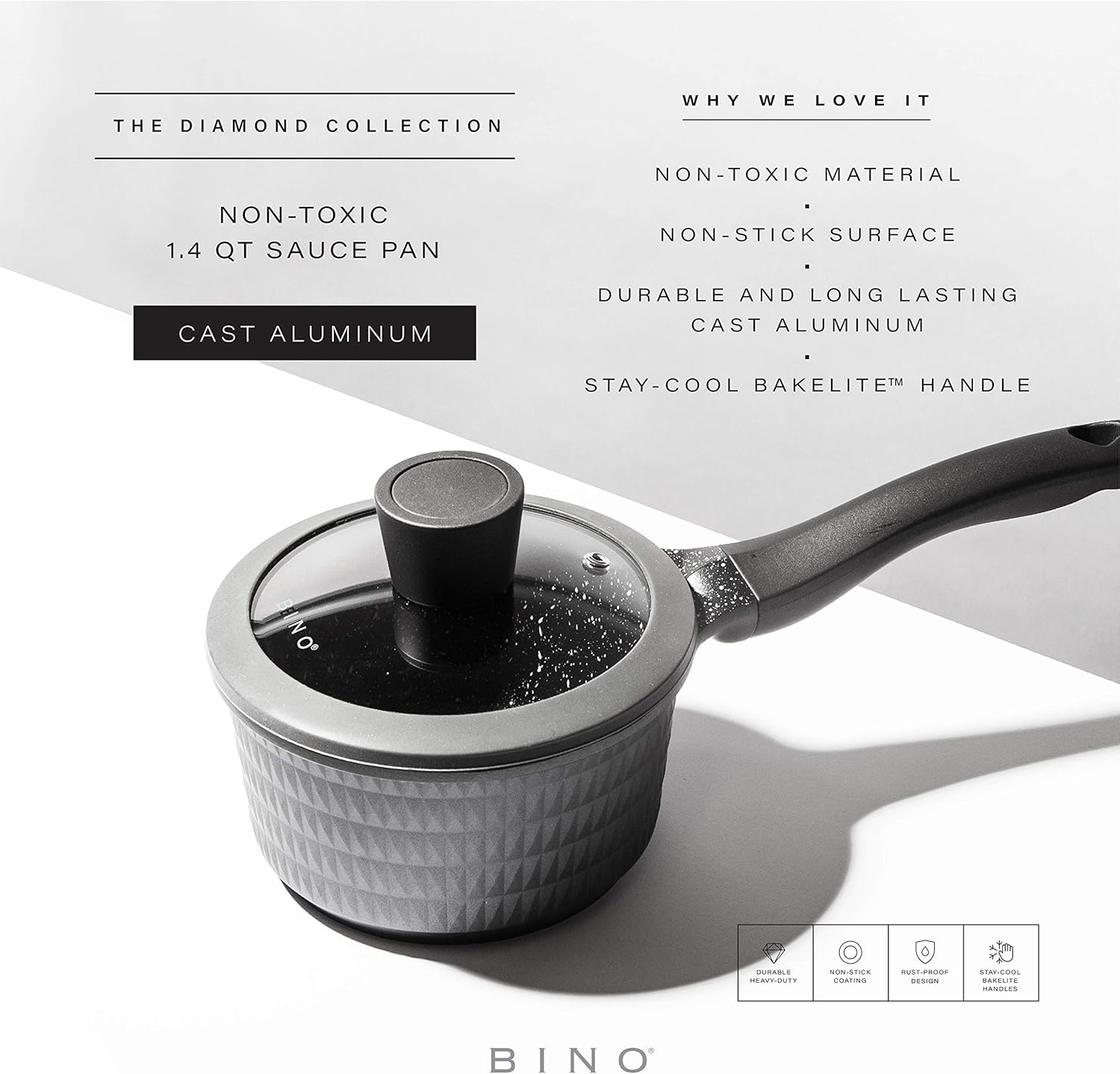 BINO Cookware Nonstick Saucepan with Lid, 1.4 Quart - Matte Grey | THE DIAMOND COLLECTION | Premium Quality Nonstick Cast Aluminum Cooking Pot Sauce Pot | Stay-Cool BAKELITE Handle | Non-Toxic: Home & Kitchen