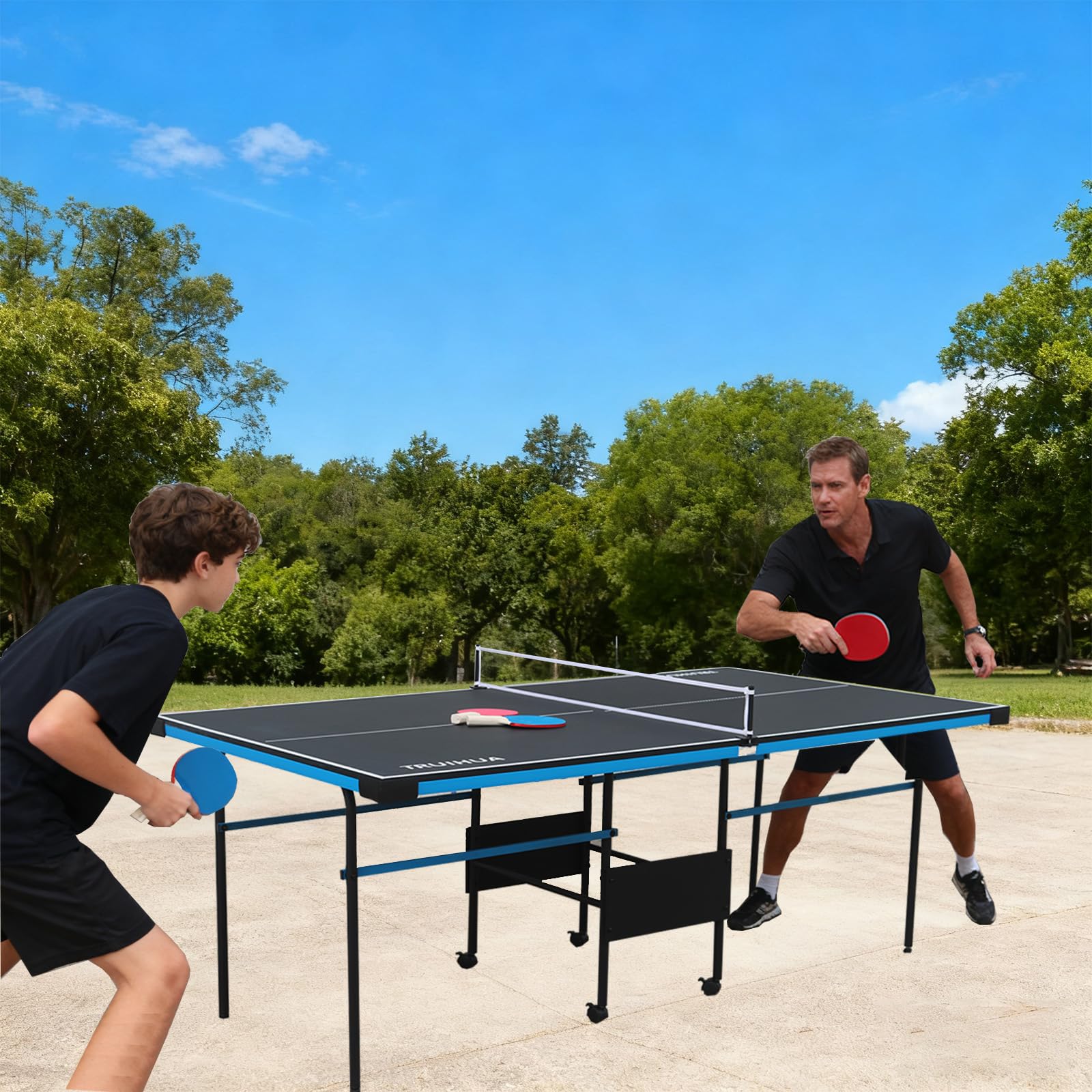 Table de tennis de table de 2,1 m pour intérieur et junior, compacte, pliable, pour l'extérieur, avec raquette de tennis de table et filet pour enfants, 210 x 117 x 76 cm