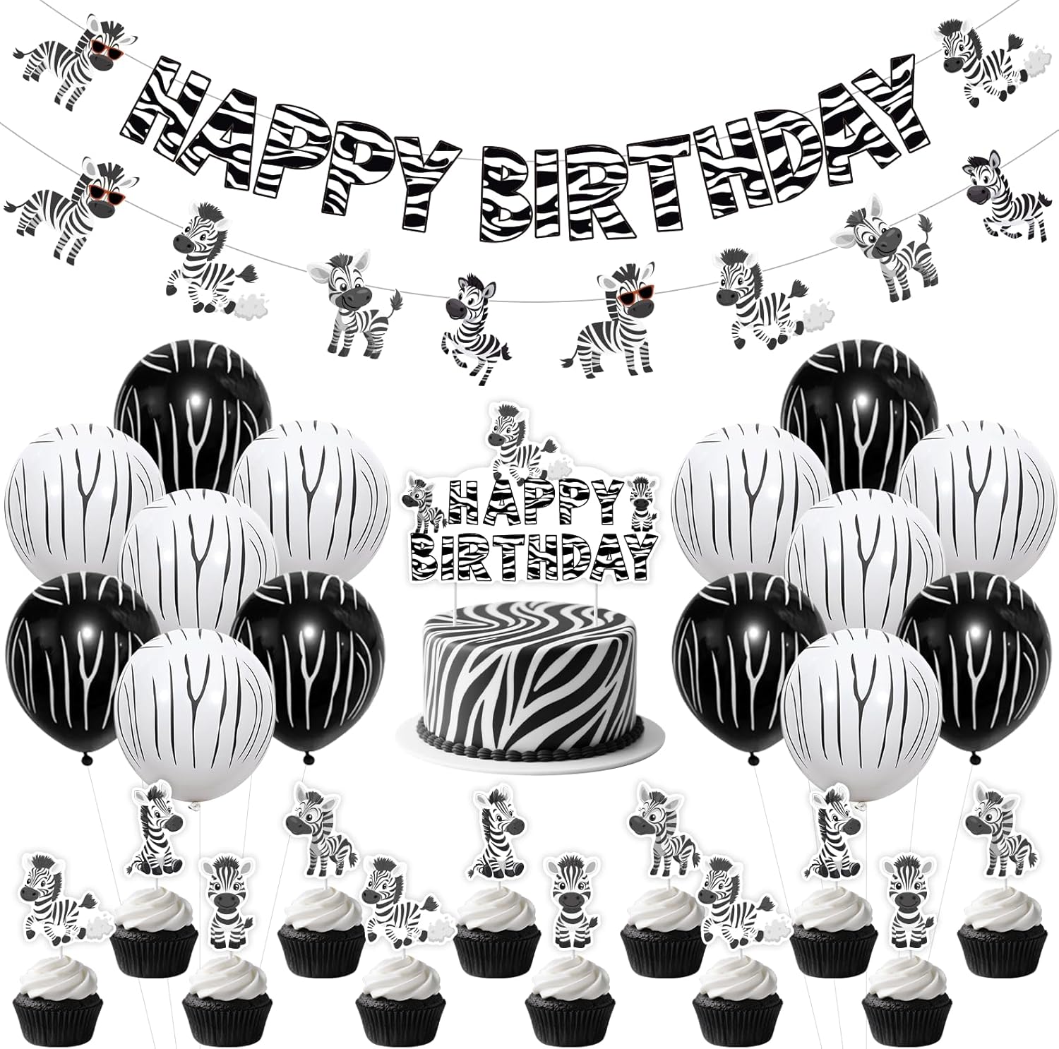 Zebra Birthday Decorations for Boys Girls, Happy Birthday Banner, Zebra Garland, Cake Topper, Cupcake Toppers, Zoo Animal Theme Party Supplies