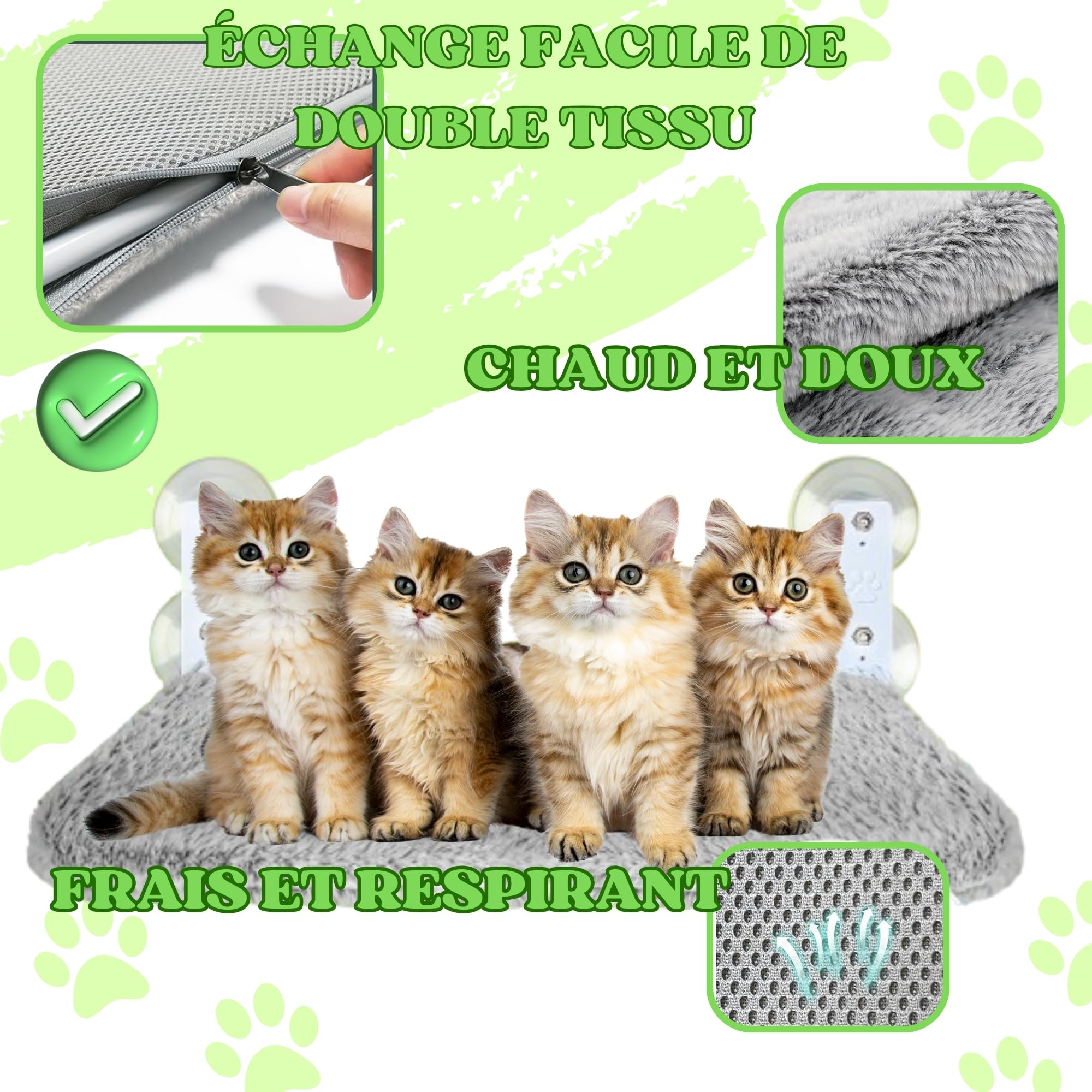 Hamac Chat Fenetre Pliable Lit pour Chat avec des Ventouses Stables Tapis réversible avec Jouet Inclus Code QR avec Instructions et vidéo de Montage