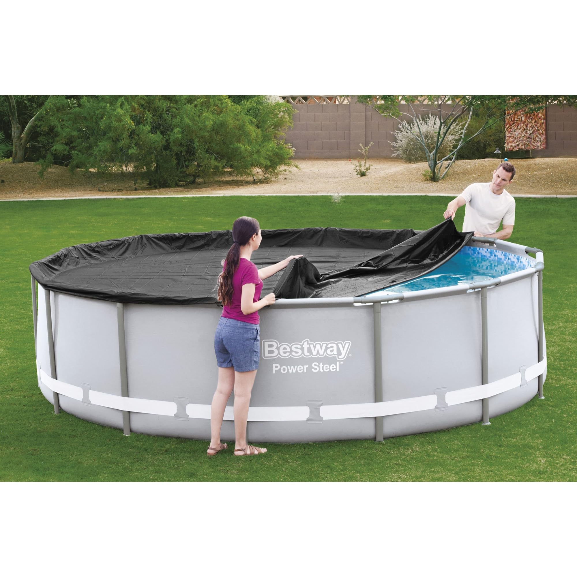 Bestway Flowclear PVC-Poolabdeckung rund 4,6 m für oberirdische Rahmenpools mit Abflusslöchern und sicheren Spannseilen, Schwarz (nur Abdeckung)