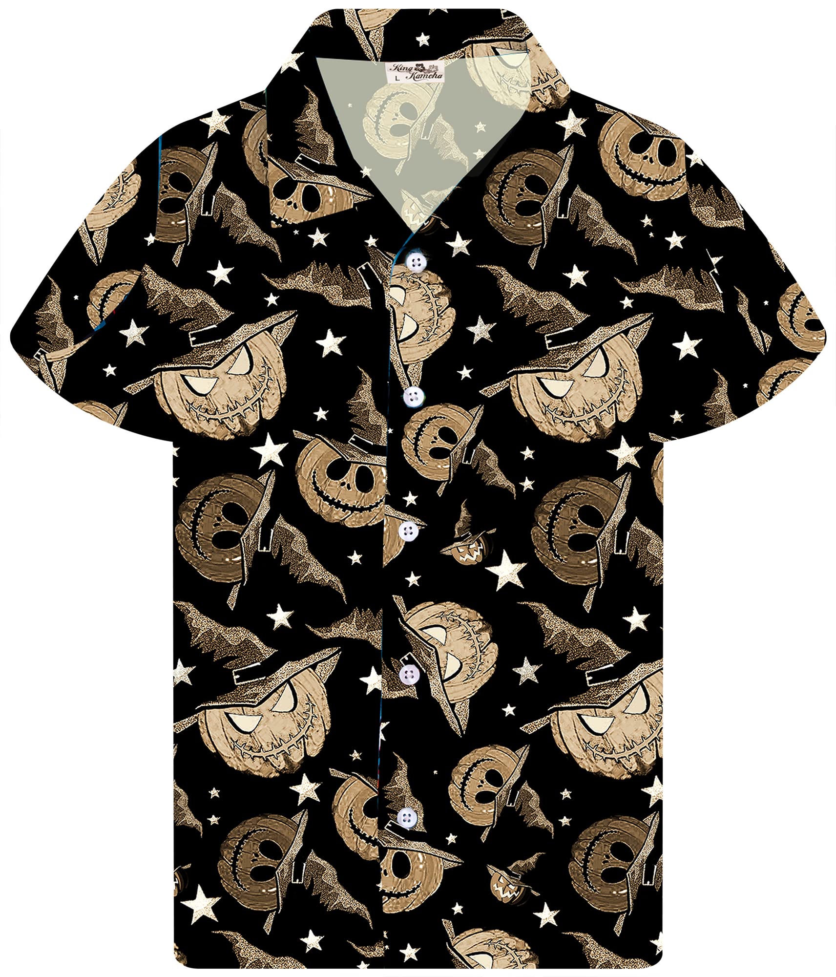 King Kameha Men's Halloween-Shirt Digital-Printed Pumpkins Skeleton Short-Sleeve Button-Down, Pumpkin-Hat, Sepia, XL