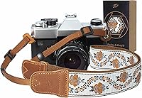 Padwa Lifestyle 1.5" Crazy Horse Cowhide Camera Strap - Vintage Embroidered Cotton Adjustable Neck Shoulder Strap for All Cameras & Photographers
