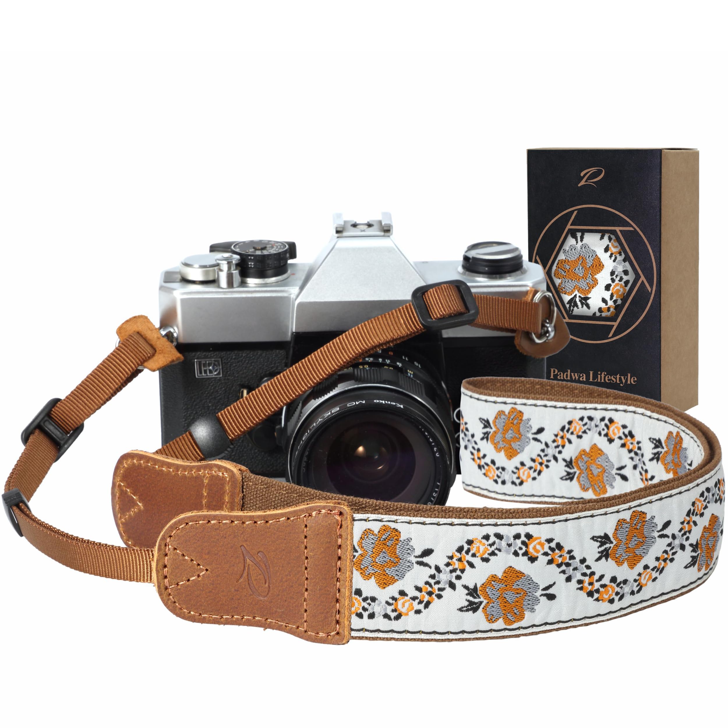 Padwa Lifestyle Camera Strap - 1.5" Crazy Horse Cowhide Head Cotton Strap,Vintage Embroidery Camera Straps for Photographers and All Cameras,Cute