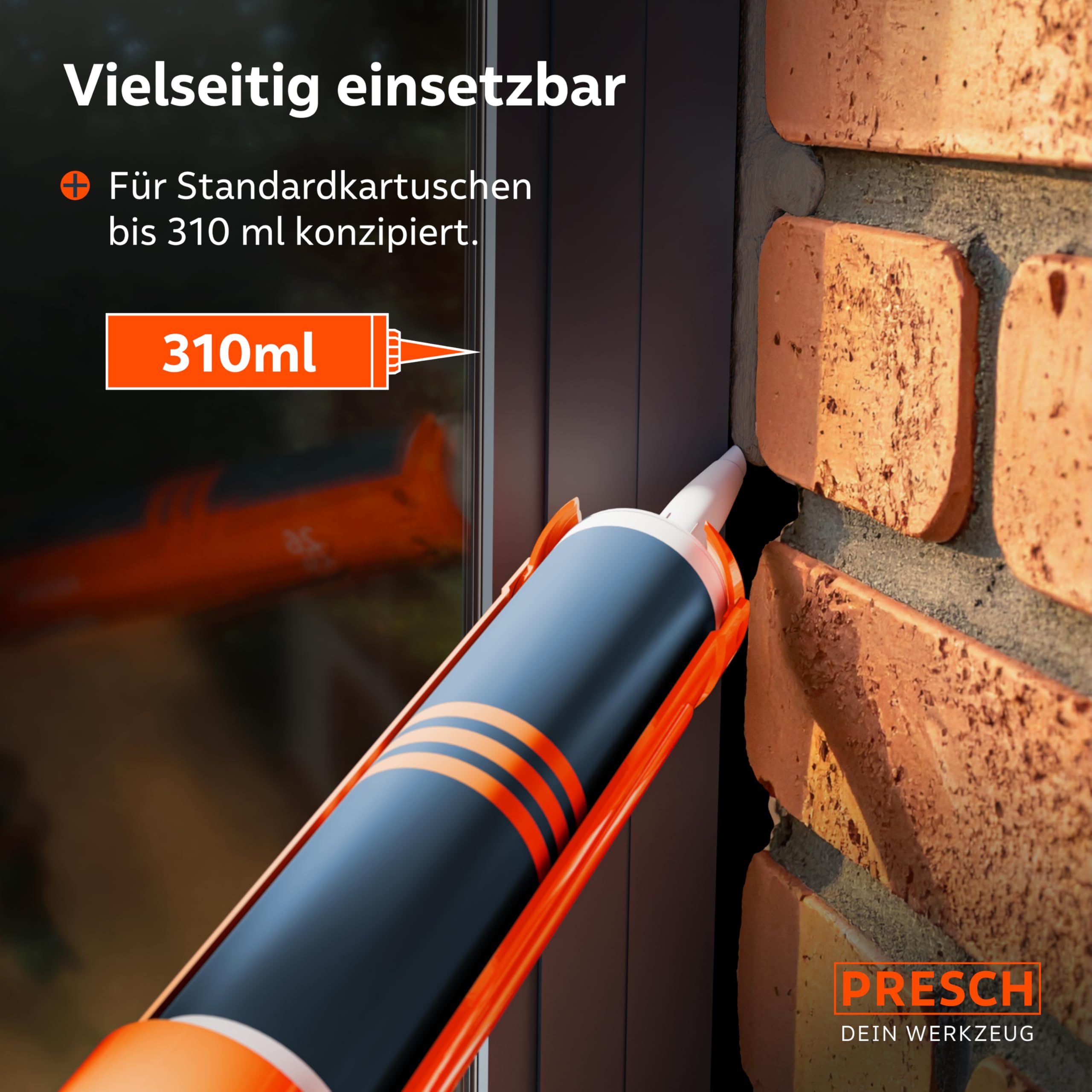 Presch Kartuschenpresse 18:1 Übersetzung & Nachlaufstopp - Silikonspritze für Kartuschen bis 310ml (Mittlere Viskosität, Montagekleber) - Kartuschenpistole 360° drehbar inkl. Einstechwerkzeug