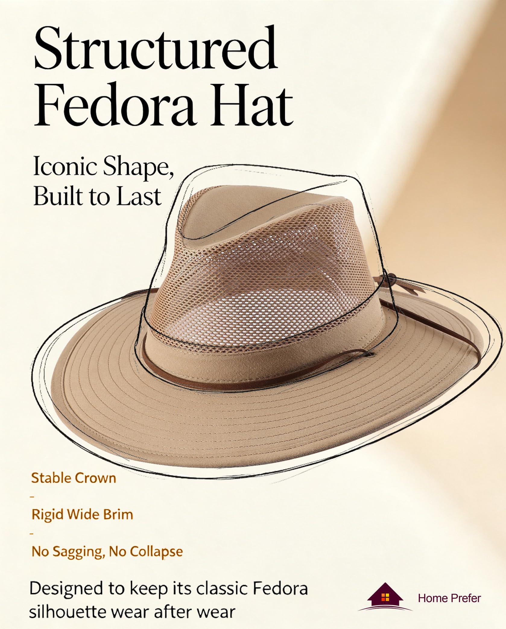 Home Prefer Chapeau Fedora d'été en coton à large bord pour homme et femme - Protection solaire UPF 50+ pour la pêche et la randonnée
