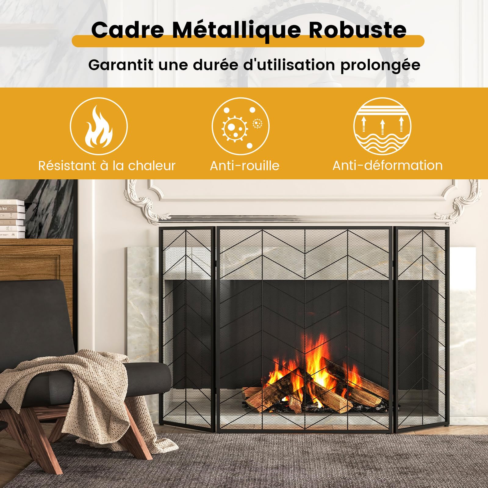 COSTWAY Pare-Feu de Cheminée Pliable à 3 Panneaux, Écran de Cheminée en Métal 132 x 79 cm, Pare-étincelles en Maille, Grille de Protection pour Poêle, Aucun Assemblage (Motif à Chevrons)