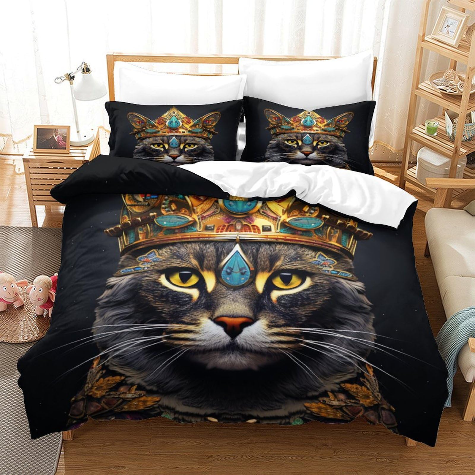 P1S9U7W5Y 3D Printed Royal Cat 3pcs Microfiber Duvet Cover Set Crown Pet Bedding Set King