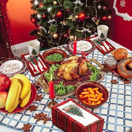 Miniatura 4 de Juego de vajilla desechable de 400 piezas de Navidad para 50 piezas de búfalo rojo, suministros de fiesta de Navidad desechables, árbol de Navidad,