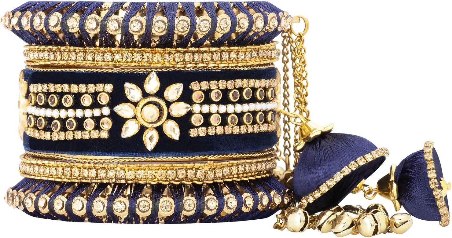 Aheli Wedding Party Designer Velvet Faux Stone Studded Bridal Bangle Set Chuda with Hangings Indian Traditional Ethnic Fashion Jewelry Gift for Women (2.8 Inch)