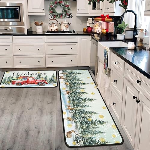 Juego de 2 alfombras y tapetes de cocina de Navidad para camión, decoraciones navideñas para el hogar, parte trasera antideslizante, tapete de