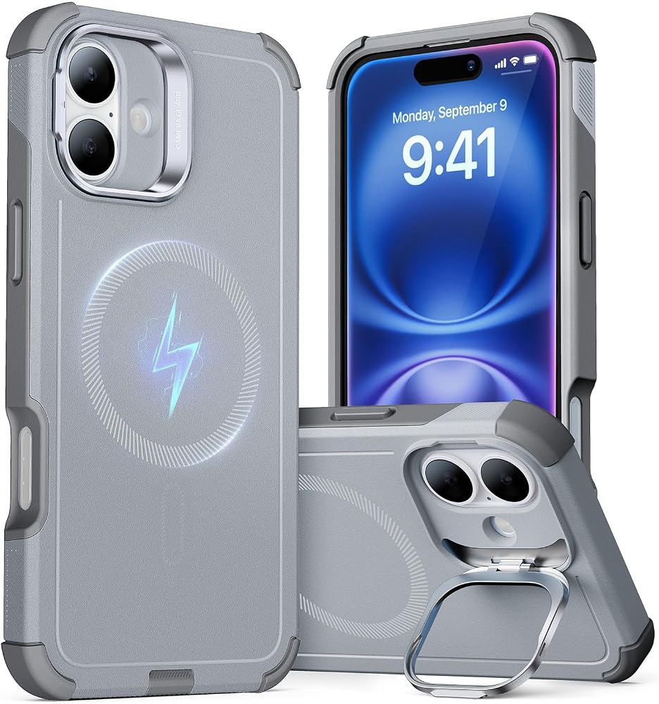 para iPhone 16 Case Flex Stand, para MagSafe, resistente, gris claro | Protección contra caídas de grado militar 7X, funda magnética para teléfono, cubierta resistente que absorbe los golpes, cubierta de puerto a prueba de polvo, agarre seguro