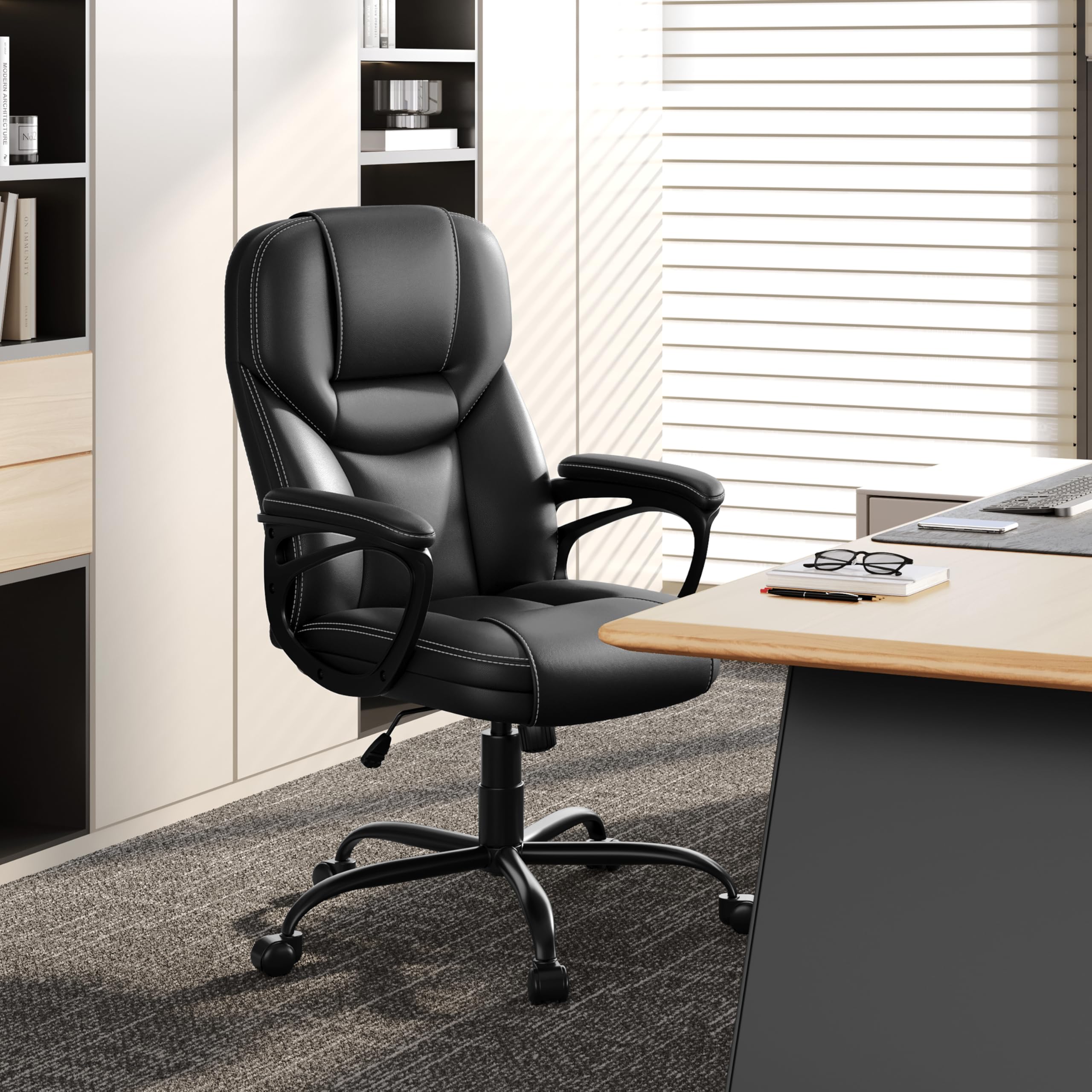 Yaheetech Bürostuhl Chefsessel Ergonomischer Drehstuhl Hoher Rücken Computerstuhl bequem Schreibtischstuhl Höhenverstellbar Office Stuhl Kunstleder Hochdichter Schaumstoff Wippfunktion Schwarz